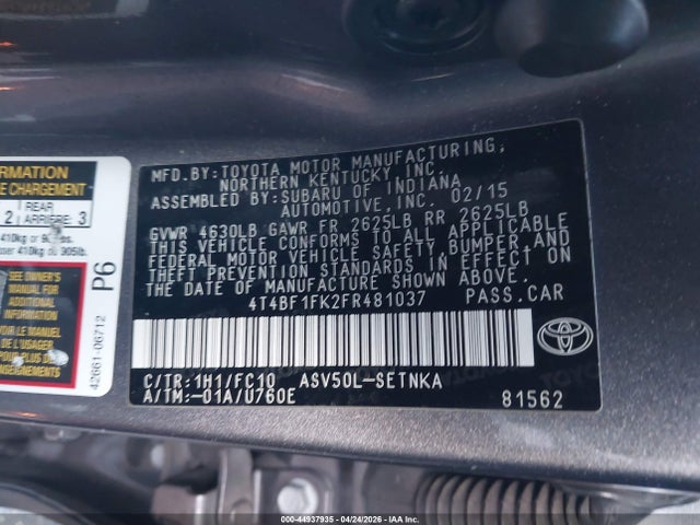 Toyota CAMRY LE 2015 4T4BF1FK2FR481037 Image 9