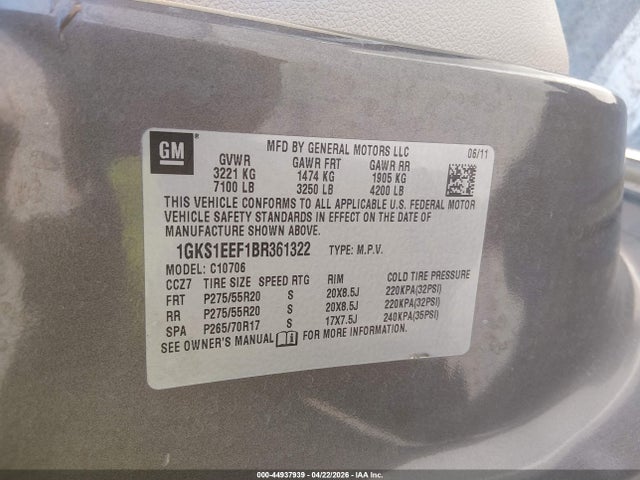 Aukcja sprzedaży 2011 Gmc Yukon Denali, vin: 1GKS1EEF1BR361322, numer aukcji: 44937939