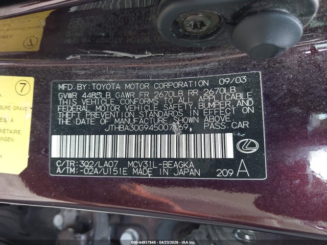Продажа на аукционе авто 2004 Lexus Es 330, vin: JTHBA30G945007069, номер лота: 44937948