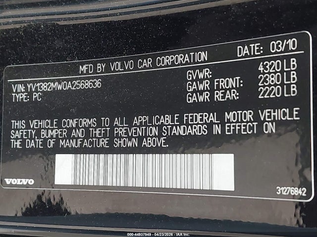 44937949 :رقم المزاد ، YV1382MW0A2568636 vin ، 2010 Volvo V50 2.4i مزاد بيع
