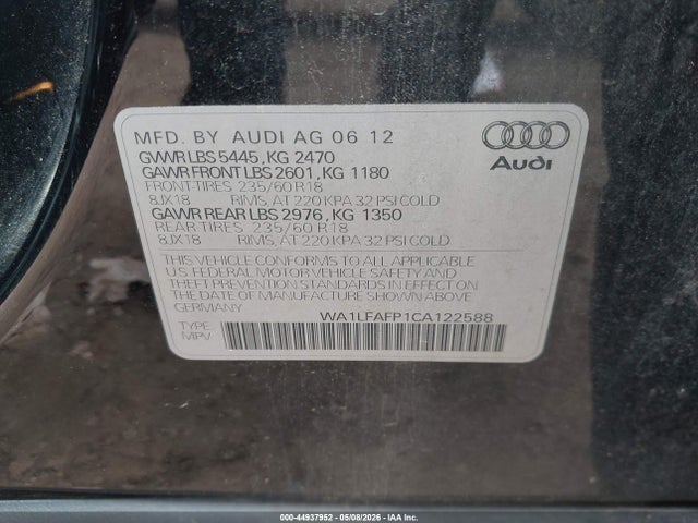 44937952 :رقم المزاد ، WA1LFAFP1CA122588 vin ، 2012 Audi Q5 2.0t Premium مزاد بيع