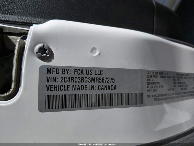 Aukcja sprzedaży 2021 Chrysler Pacifica Touring L Awd, vin: 2C4RC3BG3MR567275, numer aukcji: 44937981