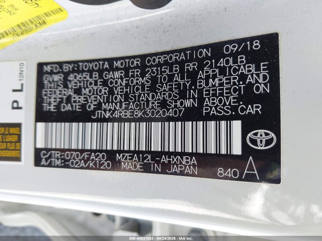 Toyota COROLLA SE 2019 JTNK4RBE8K3020407 Image 9