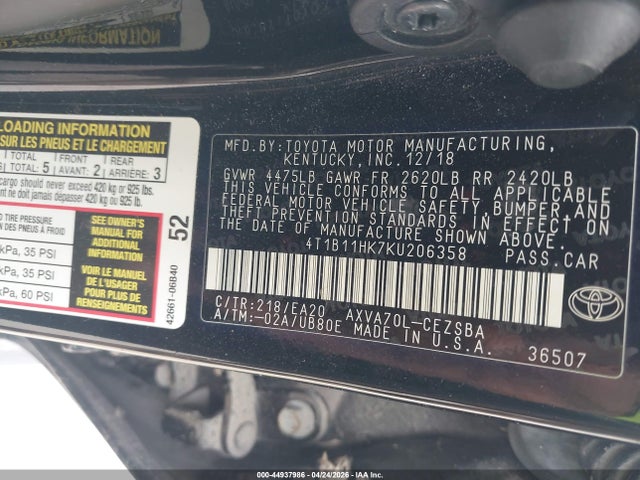 4T1B11HK7KU206358 Toyota CAMRY SE