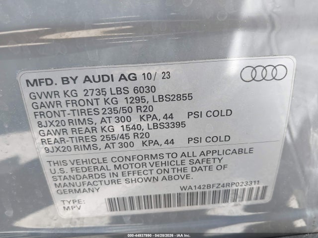 2024 Audi Q4 Sportback E-tron Prestige 50 Quattro მანქანა იყიდება აუქციონზე, vin: WA142BFZ4RP023311, აუქციონის ნომერი: 44937990