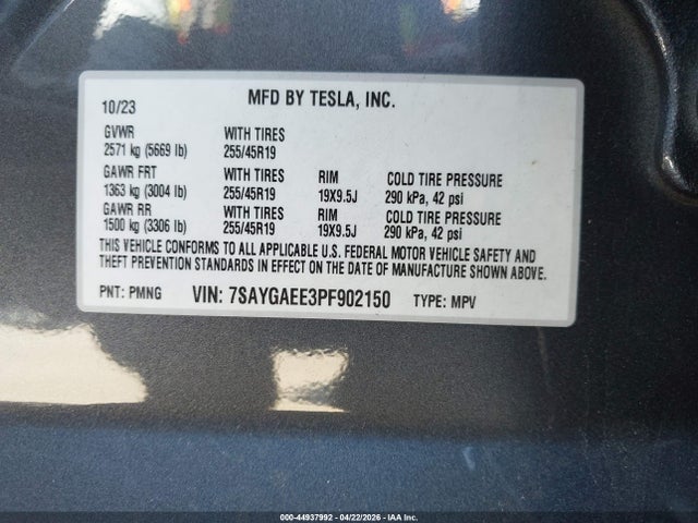 44937992 :رقم المزاد ، 7SAYGAEE3PF902150 vin ، 2023 Tesla Model Y Awd/long Range Dual Motor All-wheel Drive مزاد بيع