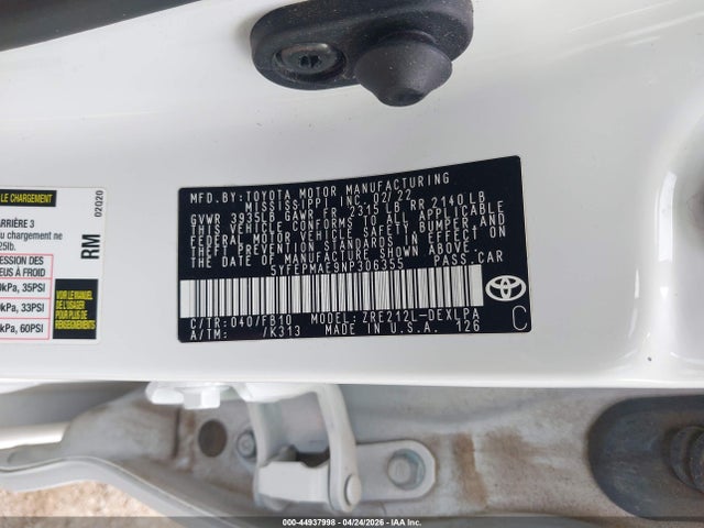 Продаж на аукціоні авто 2022 Toyota Corolla Le, vin: 5YFEPMAE9NP306355, номер лоту: 44937998
