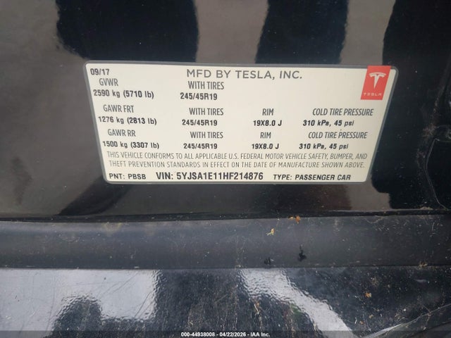 Aukcja sprzedaży 2017 Tesla Model S 60/75, vin: 5YJSA1E11HF214876, numer aukcji: 44938008