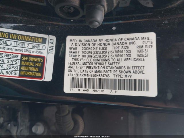 2016 Honda Cr-v Lx მანქანა იყიდება აუქციონზე, vin: 2HKRM4H35GH624746, აუქციონის ნომერი: 44938009