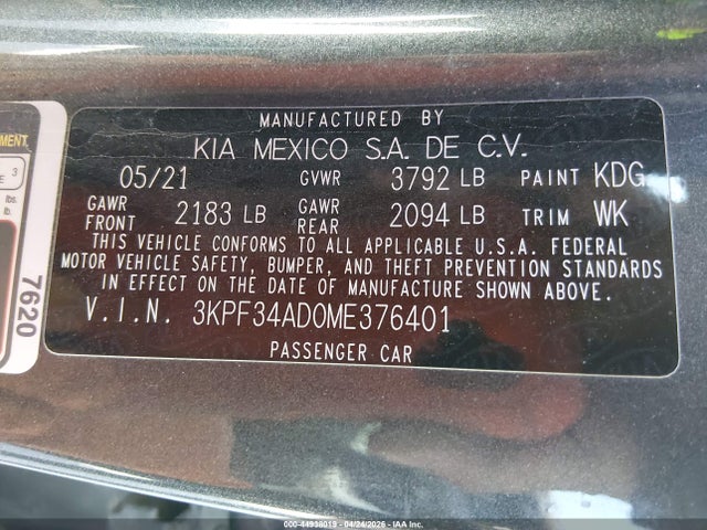Aukcja sprzedaży 2021 Kia Forte Gt-line, vin: 3KPF34AD0ME376401, numer aukcji: 44938019