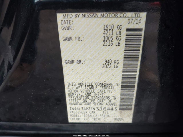Aukcja sprzedaży 2015 Nissan Altima 2.5/2.5 S/2.5 Sl/2.5 Sv, vin: 1N4AL3AP2FN316445, numer aukcji: 44938053