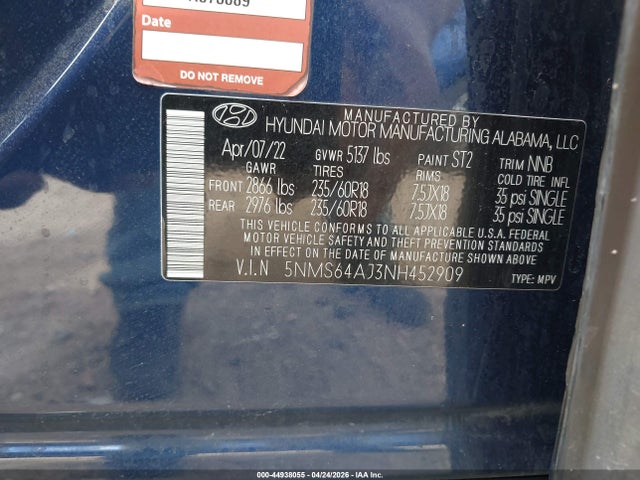 Продаж на аукціоні авто 2022 Hyundai Santa Fe Xrt, vin: 5NMS64AJ3NH452909, номер лоту: 44938055