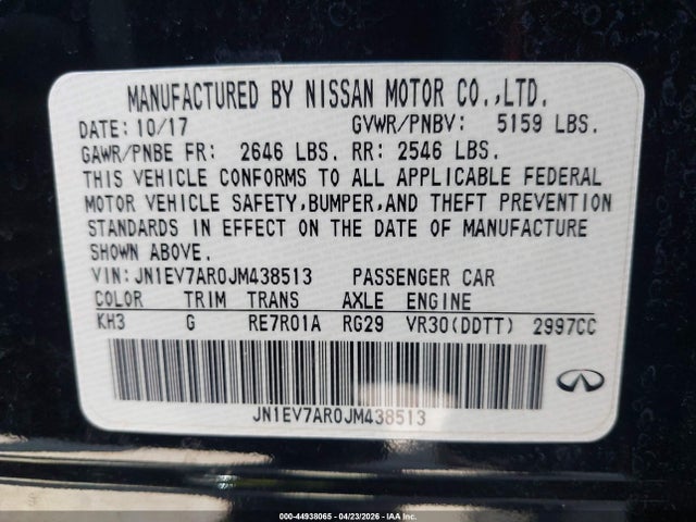 2018 Infiniti Q50 3.0t Luxe მანქანა იყიდება აუქციონზე, vin: JN1EV7AR0JM438513, აუქციონის ნომერი: 44938065
