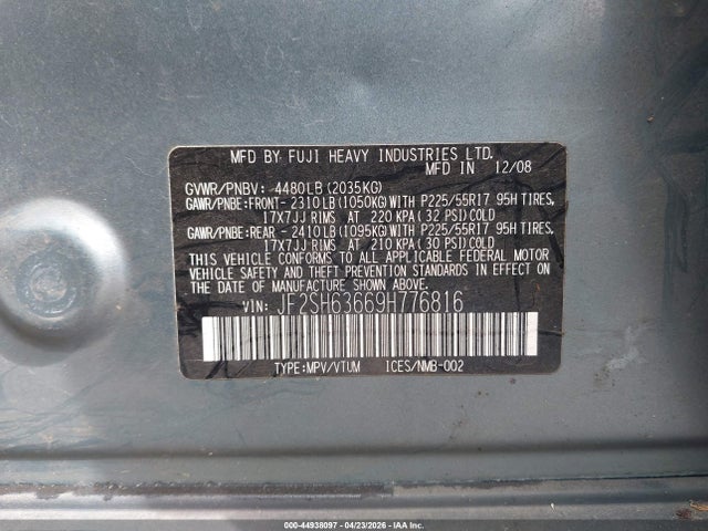Aukcja sprzedaży 2009 Subaru Forester 2.5x, vin: JF2SH63669H776816, numer aukcji: 44938097