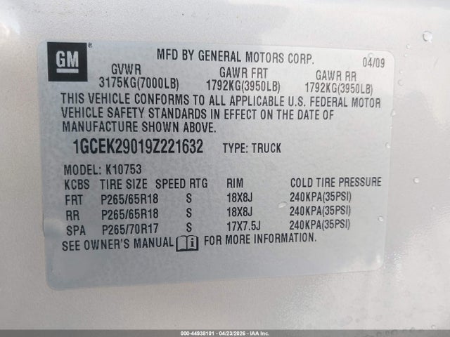 2009 Chevrolet Silverado 1500 Lt მანქანა იყიდება აუქციონზე, vin: 1GCEK29019Z221632, აუქციონის ნომერი: 44938101