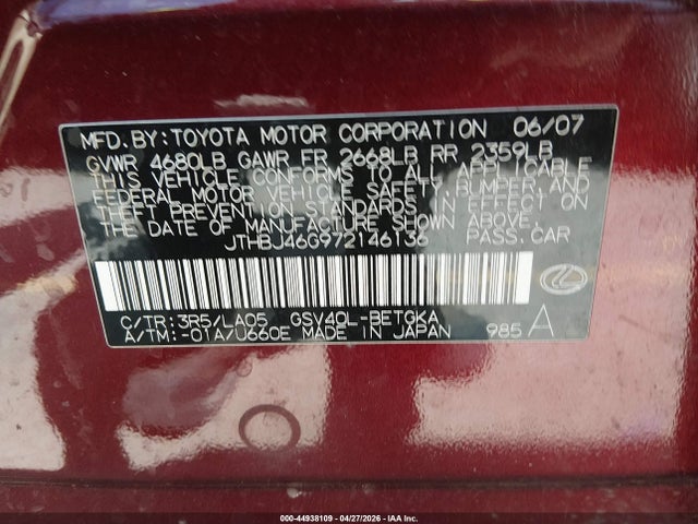 2007 Lexus Es 350 მანქანა იყიდება აუქციონზე, vin: JTHBJ46G972146136, აუქციონის ნომერი: 44938109