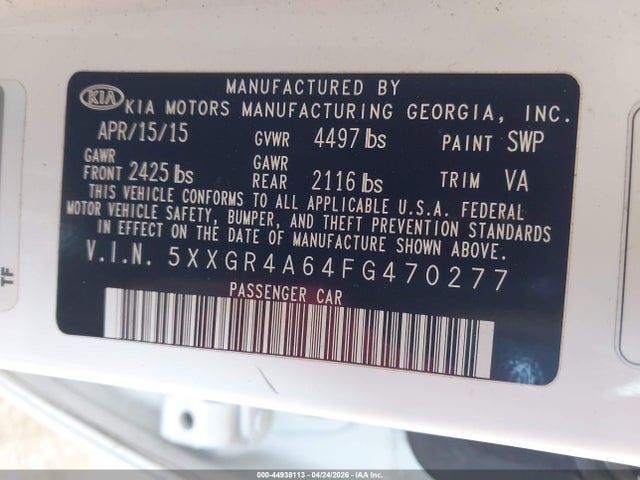 2015 Kia Optima Sxl Turbo მანქანა იყიდება აუქციონზე, vin: 5XXGR4A64FG470277, აუქციონის ნომერი: 44938113