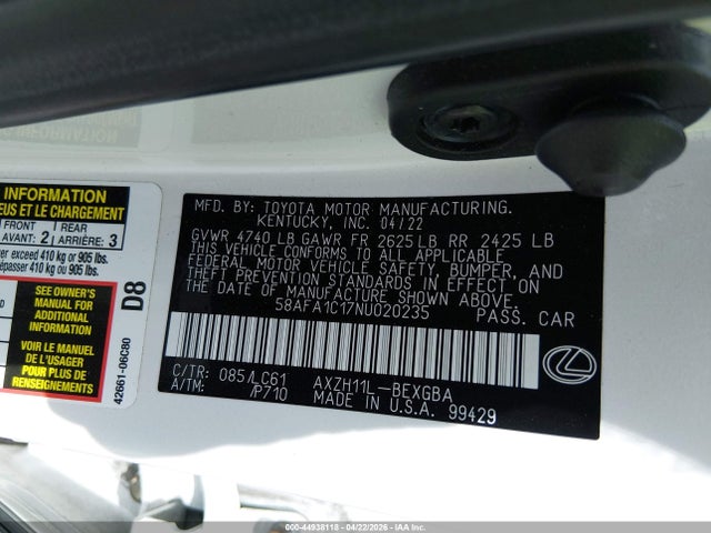 Продажа на аукционе авто 2022 Lexus Es 300h Ultra Luxury, vin: 58AFA1C17NU020235, номер лота: 44938118
