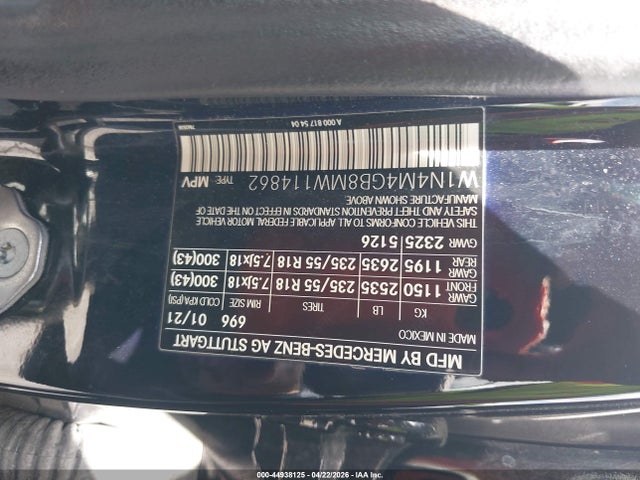44938125 :رقم المزاد ، W1N4M4GB8MW114862 vin ، 2021 Mercedes-benz Glb 250 مزاد بيع