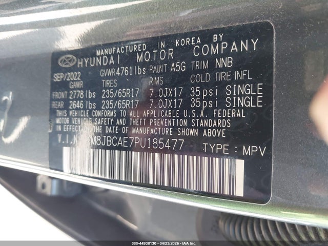 2023 Hyundai Tucson Sel მანქანა იყიდება აუქციონზე, vin: KM8JBCAE7PU185477, აუქციონის ნომერი: 44938130