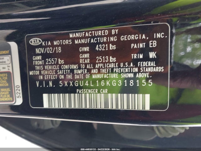 2019 Kia Optima Ex მანქანა იყიდება აუქციონზე, vin: 5XXGU4L16KG318155, აუქციონის ნომერი: 44938133
