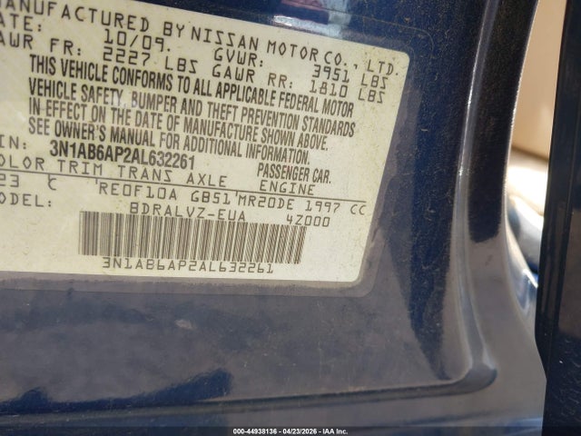 Продаж на аукціоні авто 2010 Nissan Sentra 2.0sl, vin: 3N1AB6AP2AL632261, номер лоту: 44938136