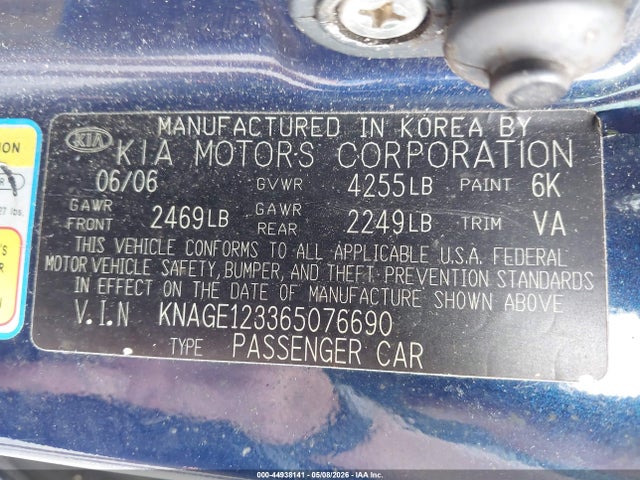 44938141 :رقم المزاد ، KNAGE123365076690 vin ، 2006 Kia Optima Ex (new)/lx (new) مزاد بيع
