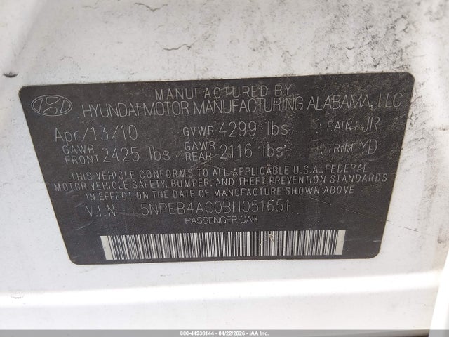 2011 Hyundai Sonata Gls მანქანა იყიდება აუქციონზე, vin: 5NPEB4AC0BH051651, აუქციონის ნომერი: 44938144