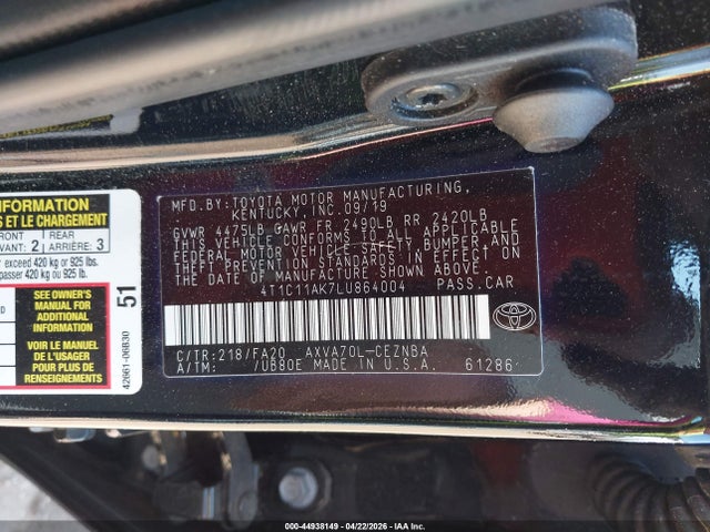 44938149 :رقم المزاد ، 4T1C11AK7LU864004 vin ، 2020 Toyota Camry Le مزاد بيع