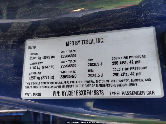 Aukcja sprzedaży 2019 Tesla Model 3 Long Range/performance, vin: 5YJ3E1EBXKF419878, numer aukcji: 44938153