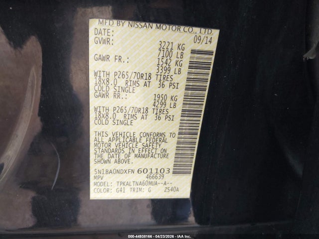 2015 Nissan Armada Sv მანქანა იყიდება აუქციონზე, vin: 5N1BA0NDXFN601103, აუქციონის ნომერი: 44938166