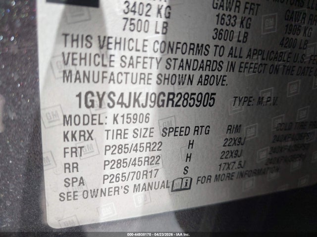 1GYS4JKJ9GR285905 Cadillac Escalade Esv Premium Collection