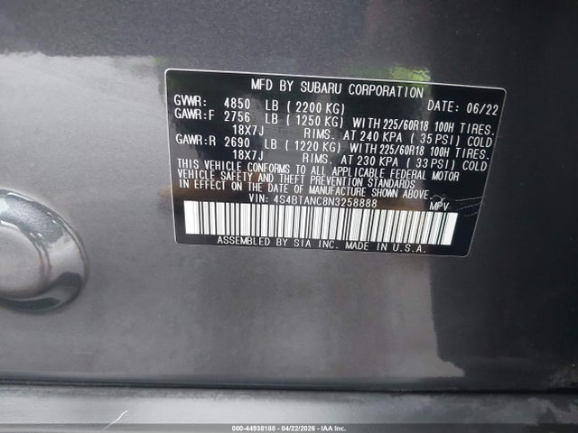 Продаж на аукціоні авто 2022 Subaru Outback Limited, vin: 4S4BTANC8N3258888, номер лоту: 44938188