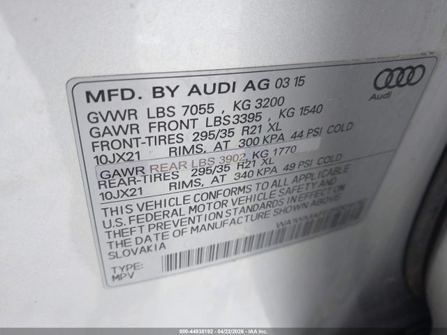 Aukcja sprzedaży 2015 Audi Q7 3.0 Tdi Premium, vin: WA1WMAFE2FD019782, numer aukcji: 44938192