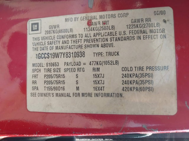 Aukcja sprzedaży 2000 Chevrolet S-10 Ls, vin: 1GCCS19W7Y8310938, numer aukcji: 44938194