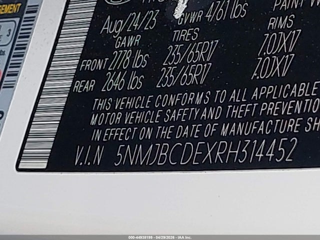 44938199 :رقم المزاد ، 5NMJBCDEXRH314452 vin ، 2024 Hyundai Tucson Sel مزاد بيع