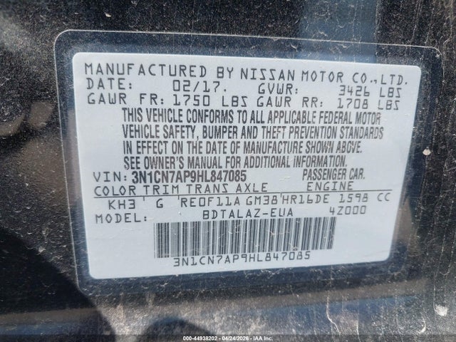 3N1CN7AP9HL847085 Nissan Versa 1.6 S+
