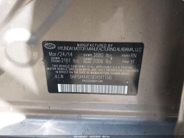 Продаж на аукціоні авто 2014 Hyundai Elantra Se, vin: 5NPDH4AE0EH511150, номер лоту: 44938207