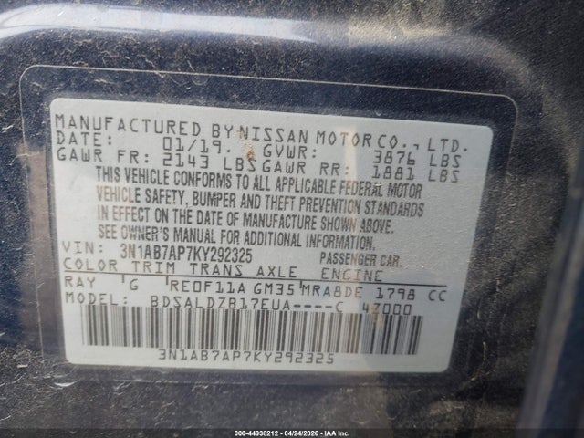 2019 Nissan Sentra Sv მანქანა იყიდება აუქციონზე, vin: 3N1AB7AP7KY292325, აუქციონის ნომერი: 44938212