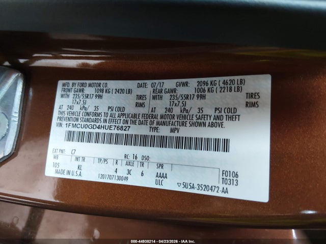 Продажа на аукционе авто 2017 Ford Escape Se, vin: 1FMCU0GD4HUE76827, номер лота: 44938214