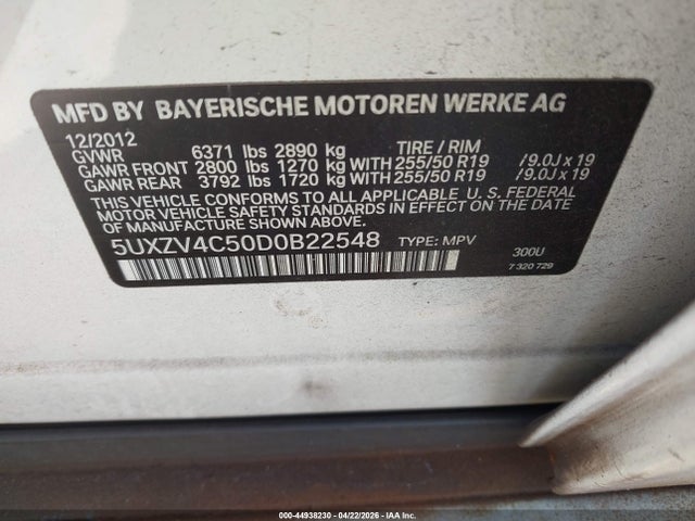 44938230 :رقم المزاد ، 5UXZV4C50D0B22548 vin ، 2013 Bmw X5 مزاد بيع