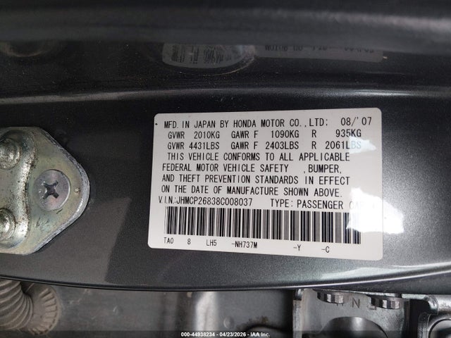Aukcja sprzedaży 2008 Honda Accord 2.4 Ex-l, vin: JHMCP26838C008037, numer aukcji: 44938234