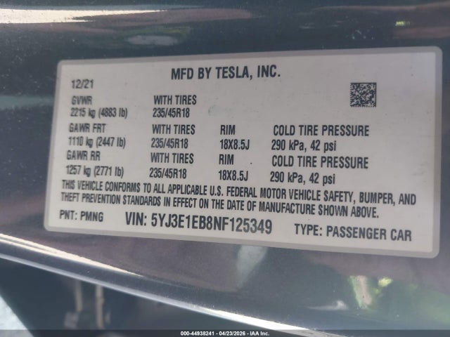 Aukcja sprzedaży 2022 Tesla Model 3 Long Range Dual Motor All-wheel Drive, vin: 5YJ3E1EB8NF125349, numer aukcji: 44938241