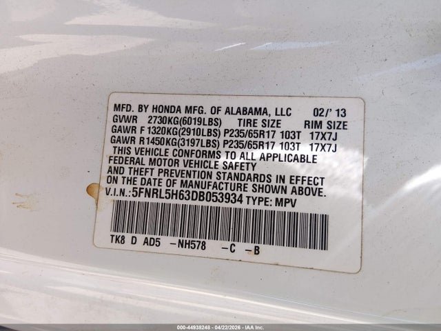 Продажа на аукционе авто 2013 Honda Odyssey Ex-l, vin: 5FNRL5H63DB053934, номер лота: 44938248