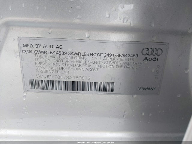 2008 Audi A4 2.0t/2.0t Special Edition მანქანა იყიდება აუქციონზე, vin: WAUDF78E78A160873, აუქციონის ნომერი: 44938253