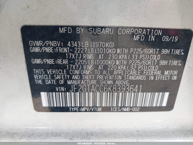 44938255 :رقم المزاد ، JF2GTACC6K8393641 vin ، 2019 Subaru Crosstrek 2.0i Premium مزاد بيع