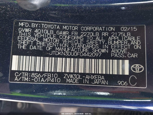 JTDKN3DU0F0442097 Toyota Prius Three