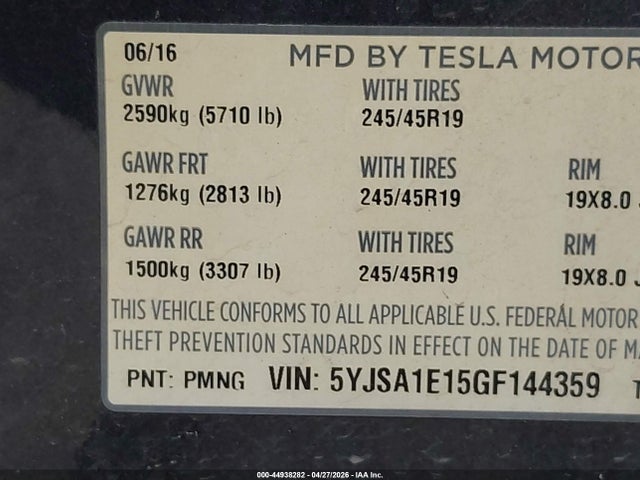 Aukcja sprzedaży 2016 Tesla Model S 60/70/75/85, vin: 5YJSA1E15GF144359, numer aukcji: 44938282