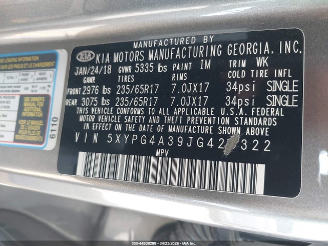 Продажа на аукционе авто 2018 Kia Sorento 2.4l Lx, vin: 5XYPG4A39JG429322, номер лота: 44938288