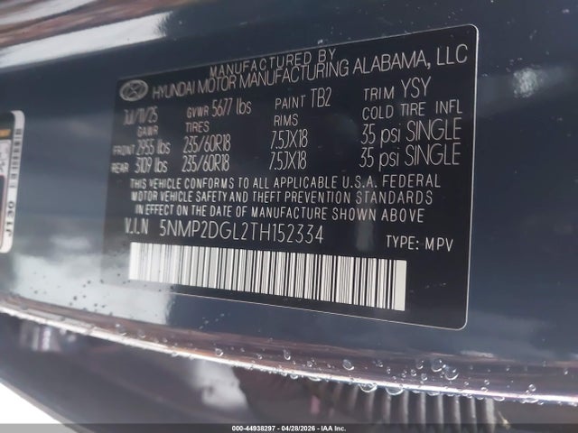 Продаж на аукціоні авто 2026 Hyundai Santa Fe Sel, vin: 5NMP2DGL2TH152334, номер лоту: 44938297